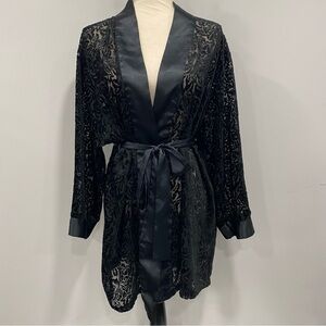 VTG VICTORIAS SECRET OS Black Satin Burnout Velvet Belted Kimono Whimsigoth Robe